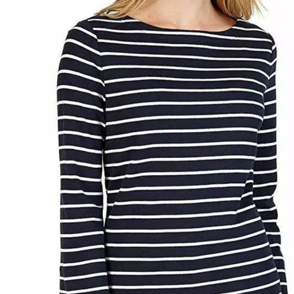 Nautica Women’s Striped Blue Trim Cotton Top - Picture 1 of 3